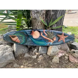 Mermaid and Sea Shell Airbrushed Decorative Surfboard Wall Plaque Mango Wood Coastal Decor 39"x 10"