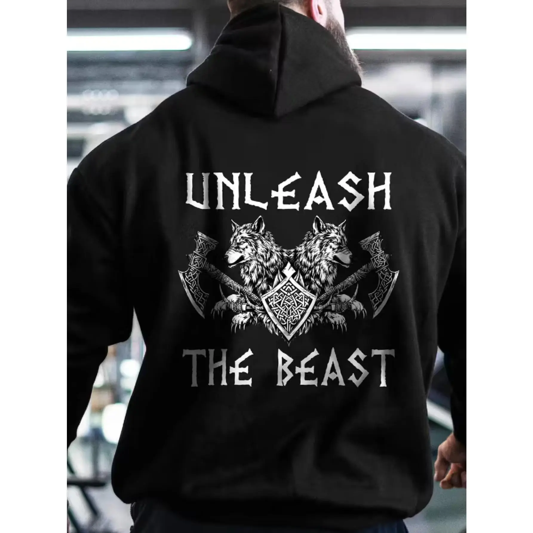 Men's Viking Graphic Hoodie - "Unleash The Beast" Design, Black Casual Streetwear with Wolf & Axe Motif, Soft Long Sleeve Pullover for Men, Y2K Style, Trendy Geometric Pattern Hoodie, Gym Apparel | Viking Motif | Casual Wear