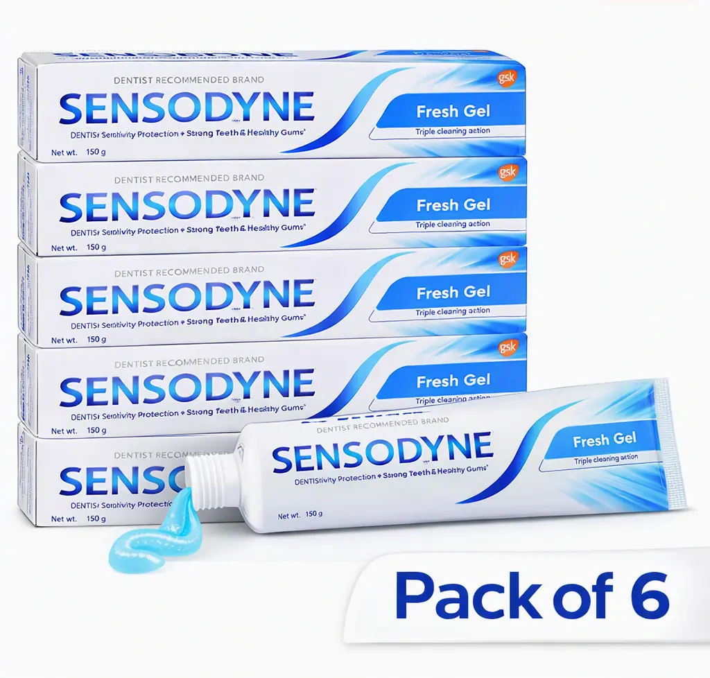 Pack of 6 - Sensodyne Fresh Gel Toothpaste - Triple Cleaning Action, 150g per Tube, Dentist-Recommended for Sensitivity Relief, Strong Teeth & Healthy Gums, Smooth Mint Flavor, prevent bad breath Advance Whitening Anticavity Toothpaste