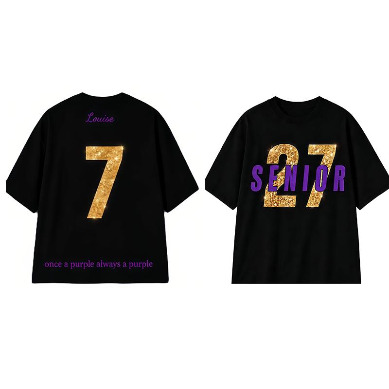 Oversized Personalized Print Senior 2 Graduation Short-Sleeve Tshirt - Custom Name&Number, Loose Round Neck, Black/Gold/Purple, Stylish Casual Festive Streetwear Sports Top, Thoughtful Grad Gift for Outdoor Use