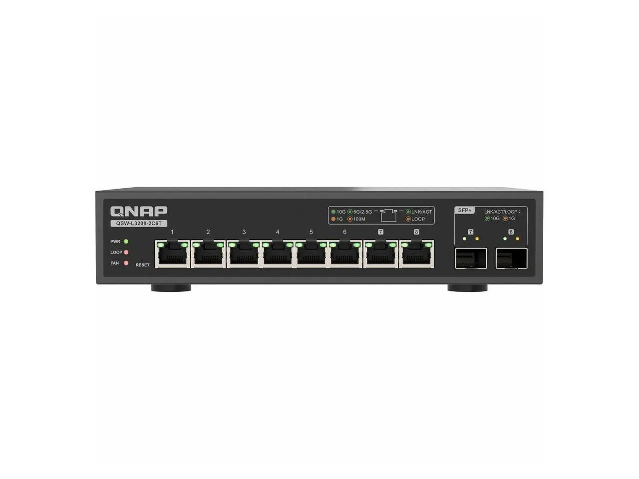 QNAP QSW-L3208-2C6T Ethernet Switch - 8 Ports - 10 Gigabit Ethernet - 36 W Power Consumption - Twisted Pair, Optical Fiber
