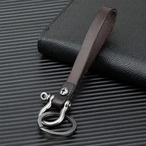 Creative Retro Alloy Carabiner Hook Nautical Shackle Hook Full Grain Cow Leather Strap Holder Keychain Keyring FOB Gift