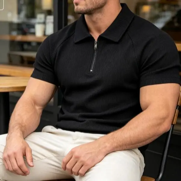 Polo Shirt for Men, Textured Waffle Knit Half Zipper Top, Slim Fit Casual Streetwear with Smooth Raglan Short Sleeves