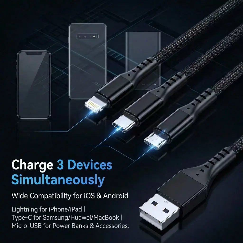 3 In 1 Multi Charging Cable, Universal Nylon Braided USB Charger Cord With Type C, Lightning, And Micro USB Connectors, Triple Simultaneous Charging Cable For IOS Android Phones, Tablets, And More (Black)