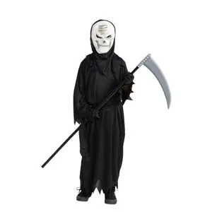 Grim Reaper Costume Dress For Kids -Black Hooded Cloak with Skeletal Mask, Scythe, Gloves & Belt – Scary Spooky Dress Up For Halloween, Role Play, Pretend Play Fun, Fantasy Theme Party & Cosplay