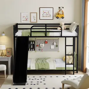 [AURA]Bunk Bed with Stairs & Slide - Metal Twin/Full Bunk Bed Frame Safety Guard Rails and Ladder, Heavy Duty Loft Bed with Slide, Space Saving Double Decker Bed with Staircase, Multi-Age Bunking Bed, Black