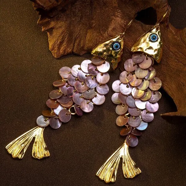 Gold Fish Shape Shell Scale Dangle Earrings | Iridescent Abalone Shell Fish Hook Earrings