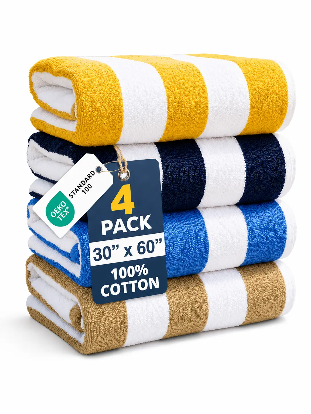 LANE LINEN Unisex Oversized 100% Cotton Beach Towels (4-Piece & 6-Piece Bulk Packs) - 520 GSM, 30"x60", Lint-Free, Lightweight, Thick, Water-Absorbent, Quick-Dry Cabana Stripe Beach Necessities for Adults