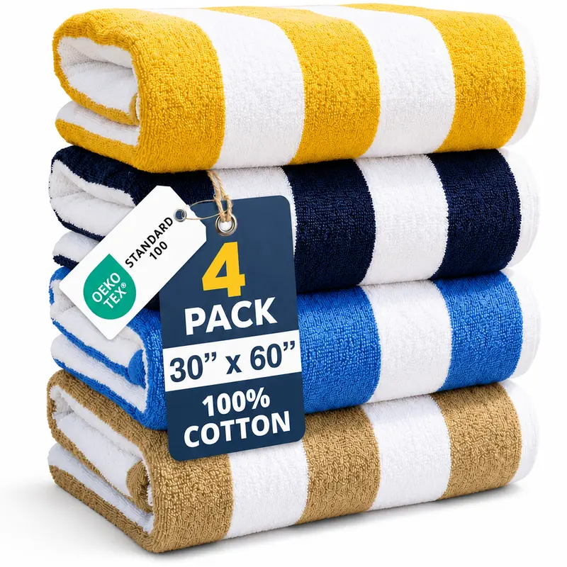 LANE LINEN Unisex Oversized 100% Cotton Absorbent Sheets Beach Towels (30"x60") - Full & Thick, Quick-Dry, Low Lint, Lightweight, Breathable, Double-Stitched Hems, Durable, Easy Care, Cabana Stripe, for Teens, Beach Supplies