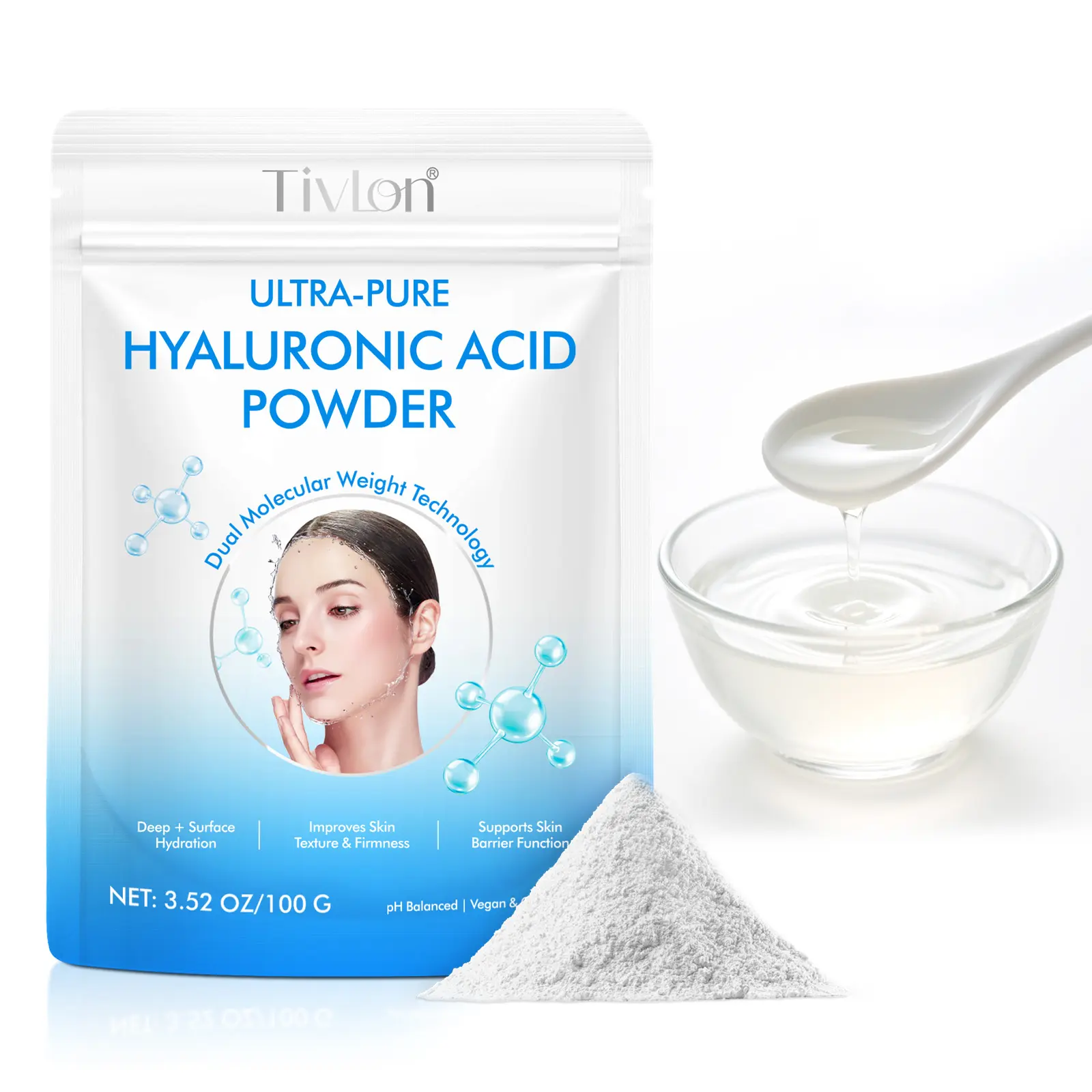 TIVLON Pure Hyaluronic Acid Essence Powder 100g 1 Bag, for Daily Radiant Skin and face, Firming Deep Hydration, 120G high molecular weight hyaluronic acid essence, Hydrating, water-soluble, fine powder, gluten-free, non-GMO - with spoon