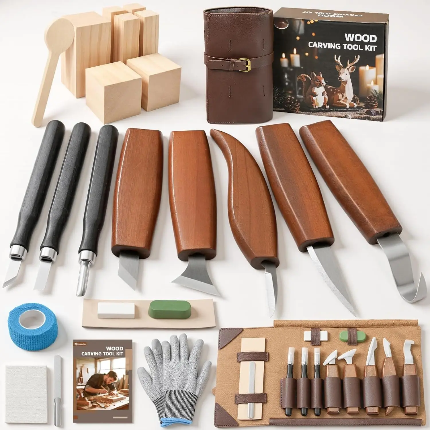 Carving Kit with Leather Case, 24 count  Carving Tools Whittling Kit Includes Carving  Carving Chisels Basswood Blocks Spoon Gloves, Woodworking Tools for Beginners DIY Hobbies