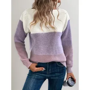 Women's Colorblock Round Neck Pullover Sweater, Loose-Fit Casual Knitted Top for Fall & Winter, Versatile Layering Piece Knitwear