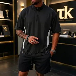 Men’s Quarter‑Zip Color‑Block 2‑Piece Tracksuit, Short‑Sleeve Stand‑Collar Top & Drawstring Striped Shorts Set, Minimalist Premium Summer Casual Streetwear