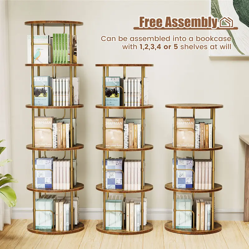 Flycity 3 Tier - 5 Tier Rotating Bookshelf Tower,360° Display Unique Round Bookcase, Floor Standing Corner Revolving Storage Organizer Furniture Wood Organizing Study Table Modern Wood Desk floating shelves bookshelf
