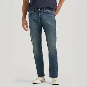 Men's straight-leg jeans, youthful style, dark color, stretchy