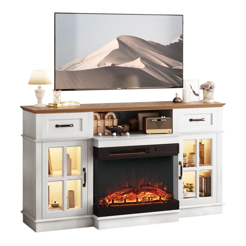 Karlhome Fireplace TV Stand up to 80'' TVs, 3-Sided Glass Entertainment Center with Electric Fireplace Heater & Glass Doors and Drawers, Fireplace Media Console Table with LED Light, Living Room
