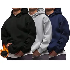 Men's Plain Long-Sleeve Pullover Hoodie Sweatshirt - Black, Solid Color, Drop Shoulder, Drawstring, Pocket, Casual, Autumn/Winter, Back to School Menswear Top, Long Sleeves