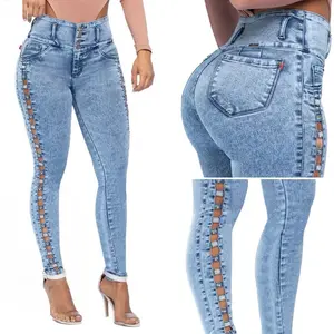 (W71466) Women’s High Waist Skinny Denim Jeans, Rhinestone Decor, Slim-Fitting Stretch Colombian Style Jeans