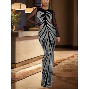 Elegant, casual, chic, panelled mesh, long sleeves, shiny rhinestones, round neck, back slit, wrap-up dress, party party