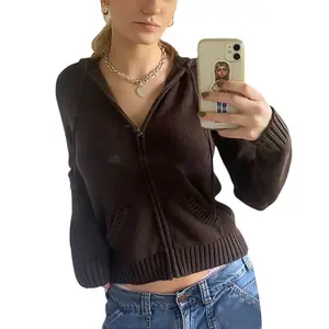 Women’s Solid Pocket Drawstring Graphic Hoodie Full Zip Knit jackets, Casual Solid Color Long Sleeve Drawstring Sweatshirts Coats，Relaxed Fit Sweatshirt in Soft Material，Back To School Outfits