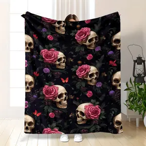 Mystical Floral Skull Flannel Blanket - Gothic Boho Luxury Throw with Pink Roses, Purple Blooms & Golden Skulls on - Ultra-Soft 280gsm All-Season Cozy Blanket for Bed, Sofa, Travel, Camping - Contemporary Dark Floral Design with Butterflies & Skulls
