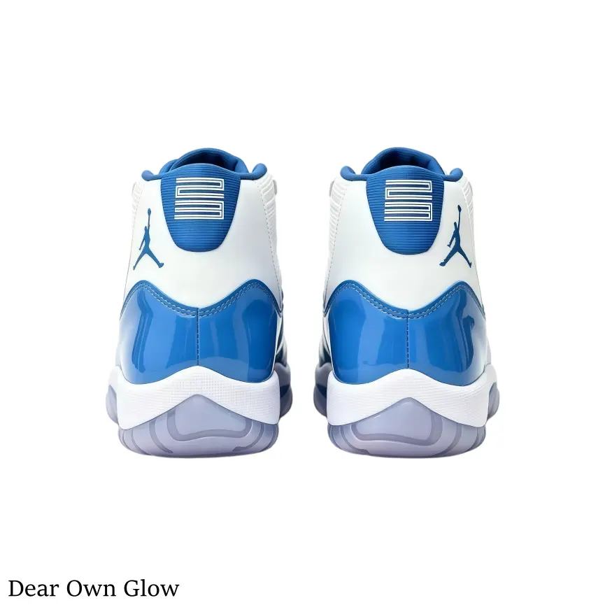 White Bright Blue Retro High Top Sneakers with tougher patent leather toe cap, thicker inner cushion pad for stronger impact absorption, grippier translucent icy rubber sole for sport training & cooler street style with complete original shoe box