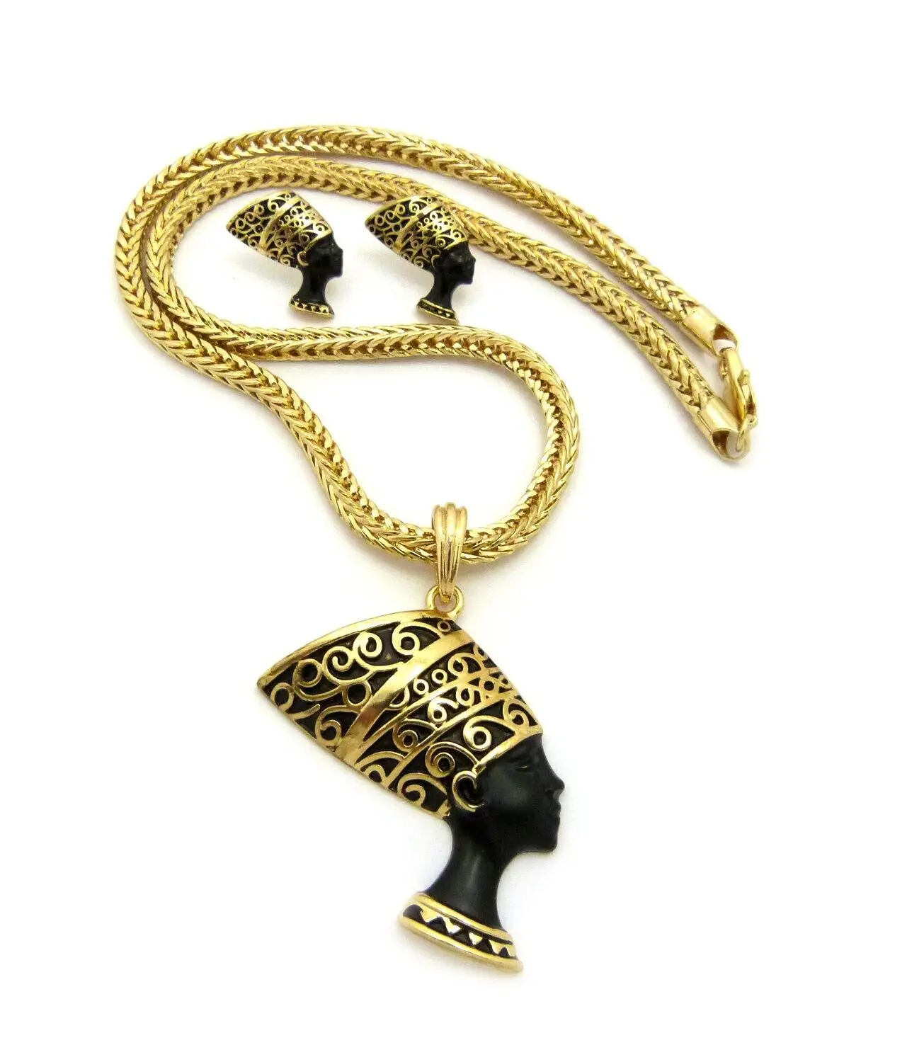 MaxBling81 Unisex Egyptian Theme Nefertiti Face Stud Earrings & Pendant Set with 4mm 18" Gold-Coated Franco Chain & Link Choker Necklace, Elegant Daily Wear Costume Jewelry, 18" Chain, Everything Combo Set, Egyptian Queen Black Face Nefertiti, Nefertiti H