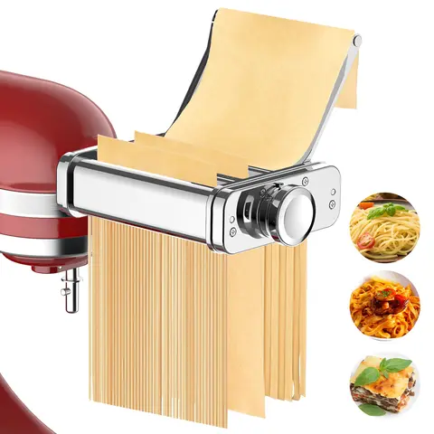 GVODE All Metal 3-in-1 Pasta Maker Attachment for KitchenAid Stand Mixer - 6.5x2.56x10" Premium Aluminium Kitchenware, 8 Thicknesses, Includes Pasta Sheeting Roller, Spaghetti Cutter, Fettuccine Cutter, 1-Year Free After-Sales Service for Home Use