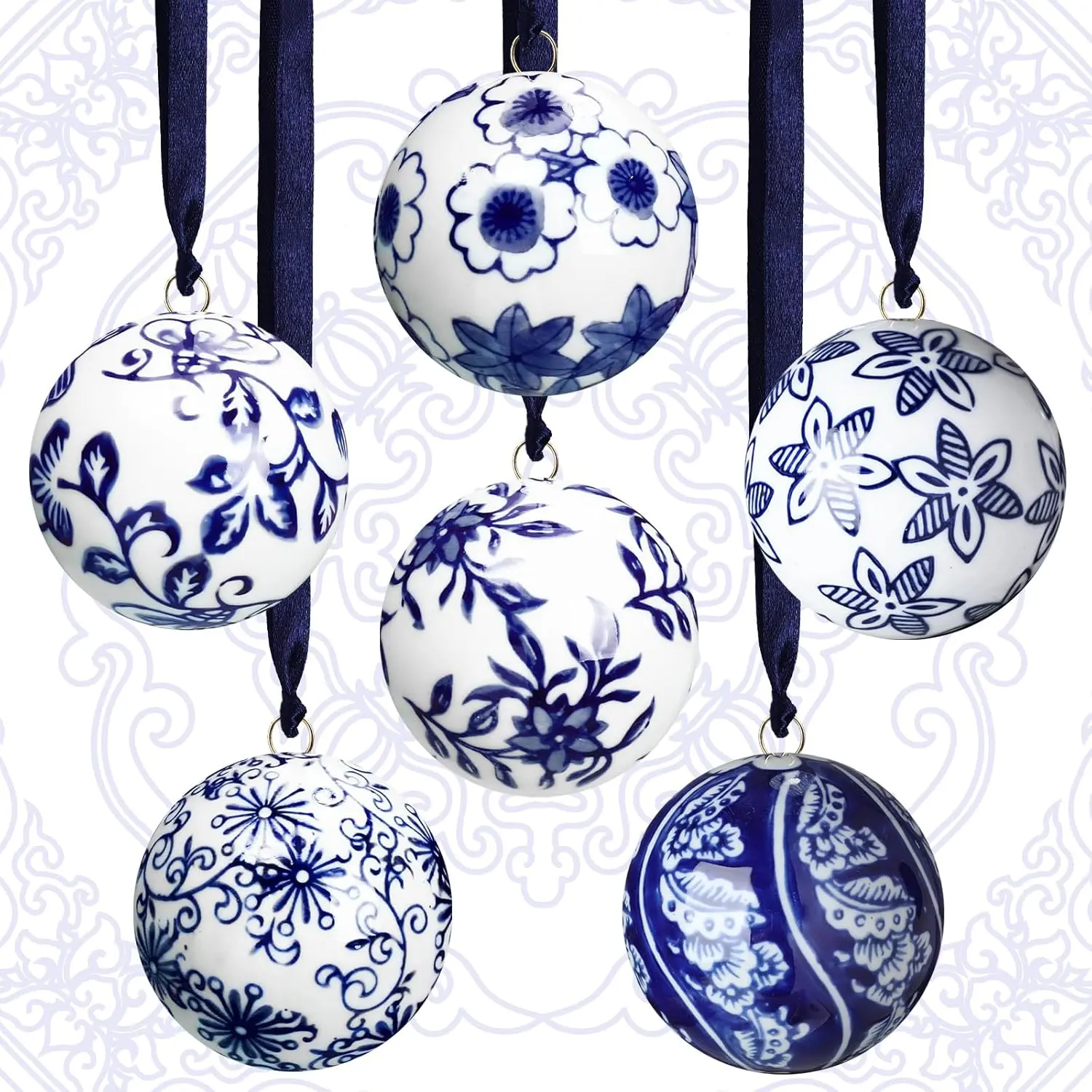 6 Pcs Blue and White Christmas Porcelain Balls 2.4 Inch Porcelain Chinoiserie Ornament Bulk Christmas Ceramic Hanging Decorative for Tree Home Xmas Party (Stylish Style)