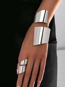 Vintage Fashion Women's Elegant Geometric Design Metal Spiral Open Bracelet Ring Set, Stylish Jewelry Gift, Versatile Accessory