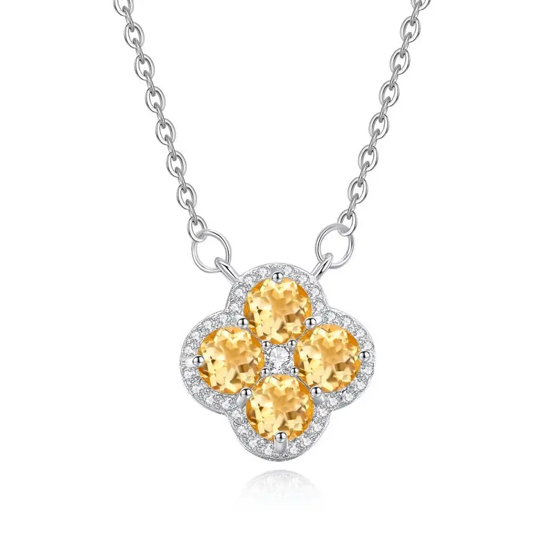 Rain 925 Sterling Silver Round Cut Lab Sapphire Citrine Gemstone Four-leaf Clover Pendant Necklace for Women