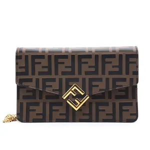 Pre-owned FENDI Leather Crossbody Bags FF Diamond Brown Wallet On Chain Bag