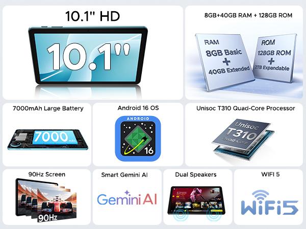 P10 10.1" Android 16 Tablet with Keyboard & Pen, case, 48GB+128GB, 7000mAh, 90Hz Display, Unisoc T310 Quad-Core, Dual Speakers, Gemini AI Tablet, Blue