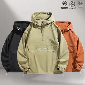 Spring/Autumn Couples’ Half-Zip Hooded Outdoor Jacket — Waterproof, Temperature-Locking, Multi-Pocket Drawstring Softshell Jacket for Camping, Walking, and Everyday Wear