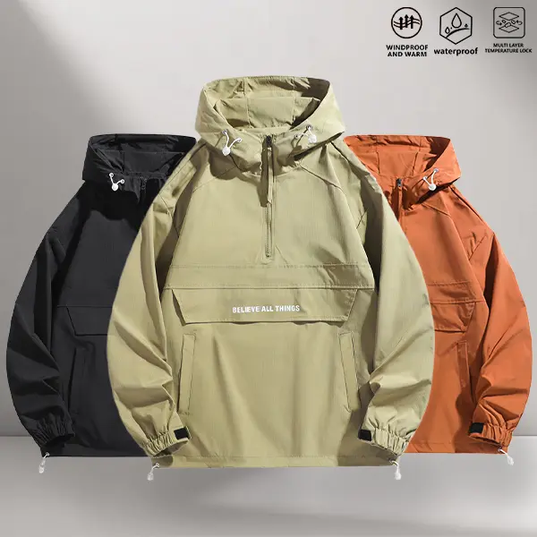 Spring/Autumn Couples’ Half-Zip Hooded Outdoor Jacket — Waterproof, Temperature-Locking, Multi-Pocket Drawstring Softshell Jacket for Camping, Walking, and Everyday Wear