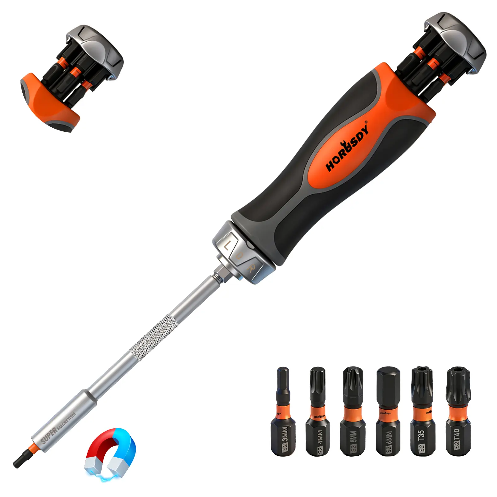 HORUSDY 6-in-1 Ratcheting Screwdriver Set, Magnetic Multi-Bit Screwdriver with Built-in Premium S2 Bits & 126mm Extension Bar, Dad Mens Gifts for Christmas, All-in-One Tool for Home Repair, DIY