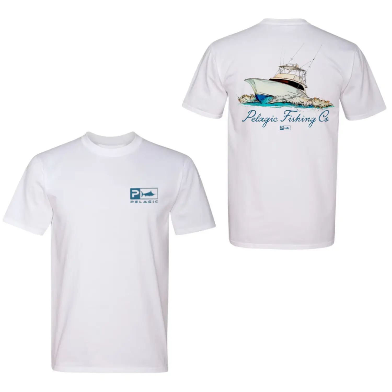 Sport Fishing Boat T-Shirt, Pelagic Fishing Co Graphic Tee, Offshore Marlin Boat Illustration Shirt for Deep Sea Anglers, White Nautical Shirt for Ocean Fishing Fans