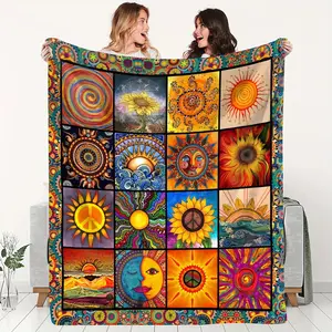 Soft Vintage-Inspired Flannel Mandala Sunflower Throw Blanket - All-Season Cozy Sofa & Bed Decor, Ideal Gift for Friends with Peace & Nature Motifs, Artistic Design