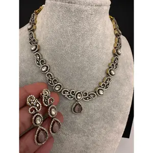 Victorian Mehndi Finish AD Polki Color Stone Dainty Necklace