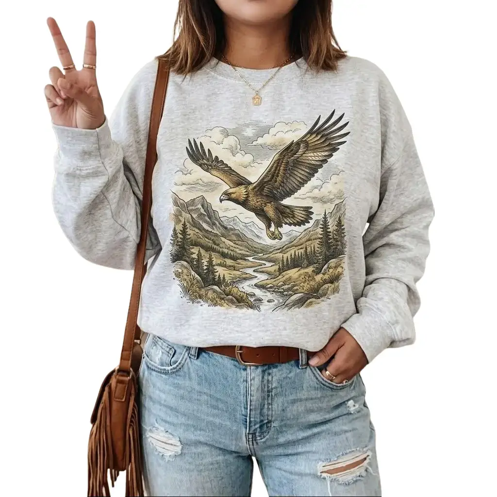 Featuring a Soaring Golden Eagle Women's Vintage Unisex Pullover Sweatshirt Cotton Womenswear Birds
