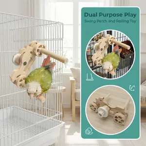 Motorcycle Swing Perch Toy - Dual Use Wooden Bird Toy with Rotating Wheels & Double Perch for Small/Medium Parrots, Cage Mountable Swing Stand (6.3"X7", Solid Pine Wood)