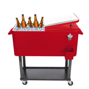 80 Quart Rolling Ice Chest on Wheels, Portable Party Bar Cold Drink Beverage Cart Tub for Outdoor Patio Deck, Dark Brown Wicker Faux Rattan Tub Trolley, Wheels freezer cooler qt