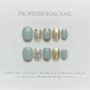 【Original Handcrafted】Spring Press-On Nails with Fresh Mint Green Mirror Finish, Champagne Sparkle, and Large Glitter for a Dazzling Look