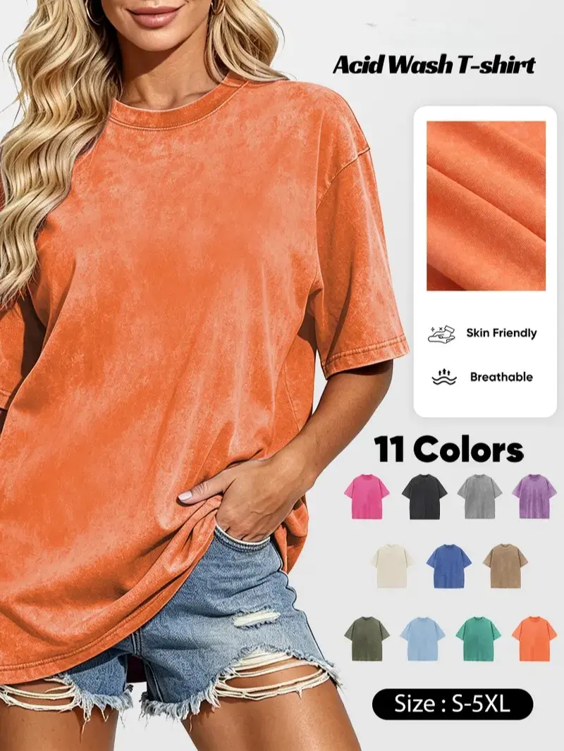 Oversized T-Shirt for Women in Vintage Acid Washed Cotton, Baggy Short Sleeve Casual Streetwear Top, Shortsleeve, Foldable, Basic, S, 3Xl, Round Neck, Medium Length, Gentle Wash, Plain, Crew Neck, Soft Cotton, Loose-Fit, All Seasons, Do Not Bleach, Minima