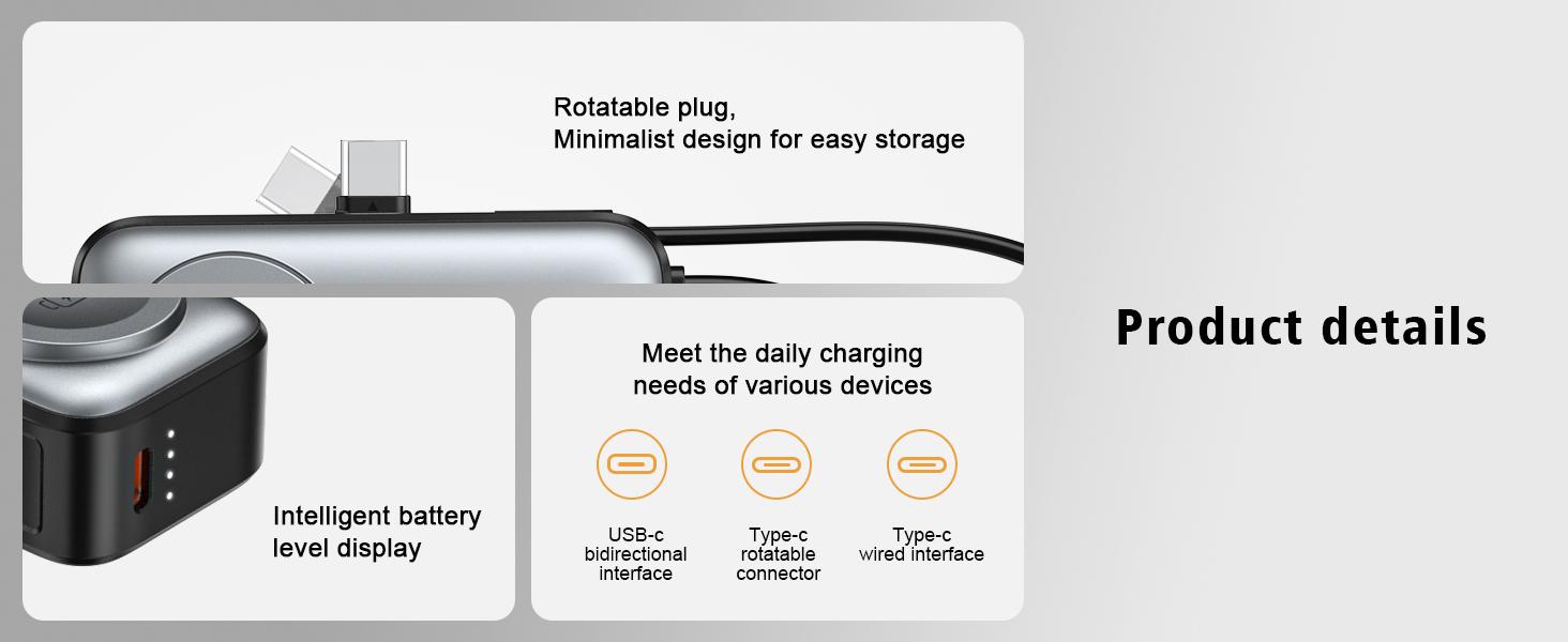 5000mAh Chargeable Portable Power Bank for Smartphones, 10W Fast Charging, Type-C & Multiple Ports, Lightweight Built-In Cable Accessory for Other Mobile Devices