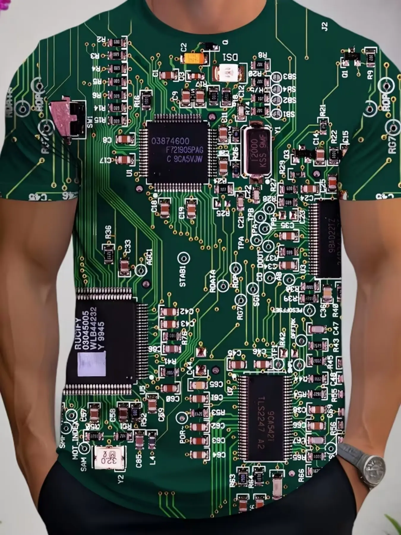 Circuit Board Pattern T-Shirt for Men and Women, Trendy Tech Style Short Sleeve Top, Unique Casual Fitted Apparel for All Seasons