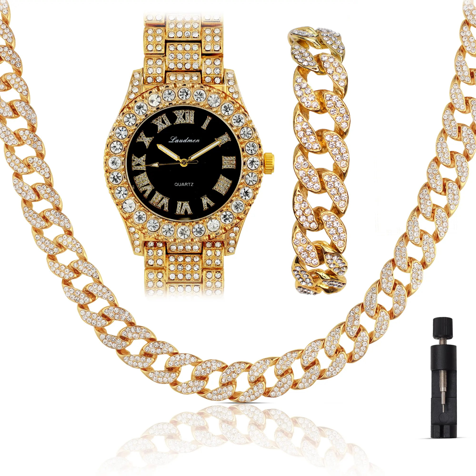 Iced Out 45MM Presidential Black Dial Men's Luxury Watch, Cuban Link Necklace Chain and Bracelet Set