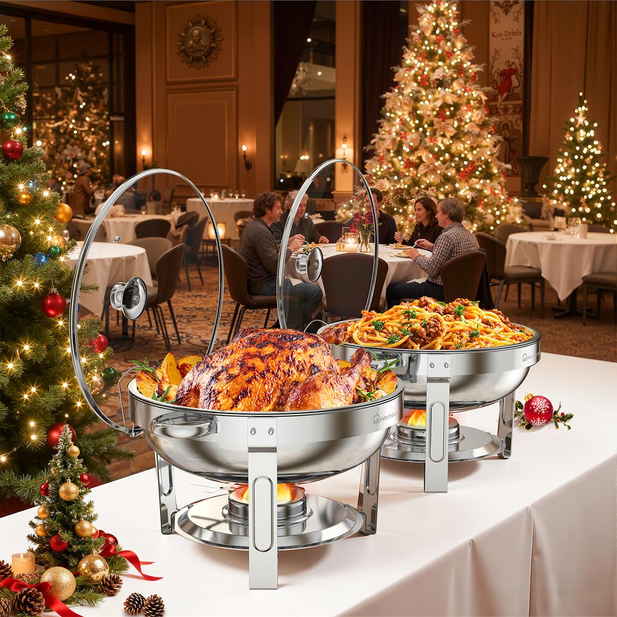 Chafing Dish Buffet Set 2 Pack, 5QT Round Chafing Dishes for Buffet with Glass Lid & Lid Holder, Stainless Steel Chafers and Buffet Warmers Sets for Parties, Events, Wedding, Camping, Dinner