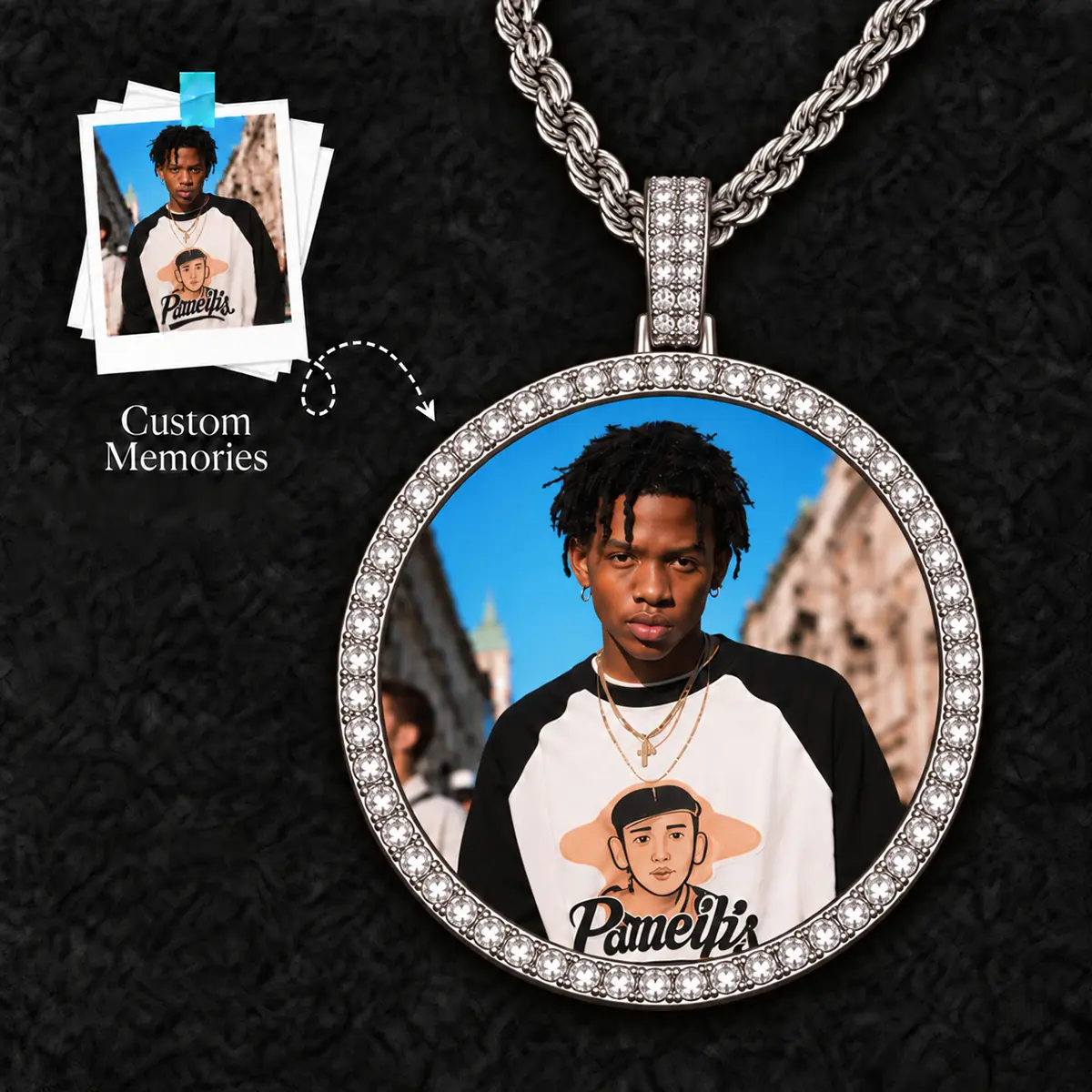 Personalized Oversized Long Steel Circle Chain Necklace - Casual Unisex Coated Metal Jewelry with Big Cubic Zirconia Photo Pendant, Custom Hip-hop Accessory, Christmas Gifts for Boyfriends