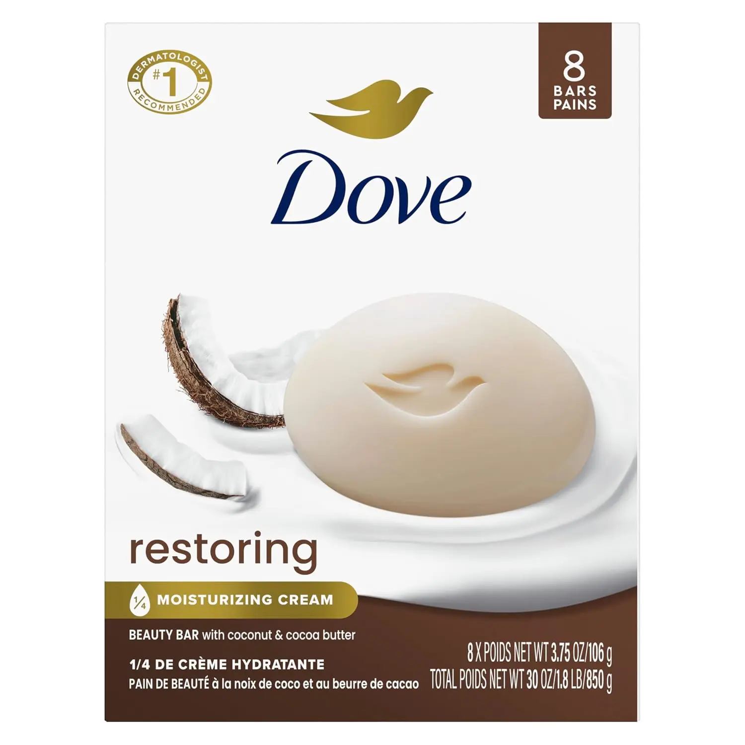 Dove Restoring Beauty Bar Soap, Coconut & Cocoa Butter, I 8 Count 3.75 oz | Moisturizing beauty bar with coconut and cocoa butter for soft, nourished skin